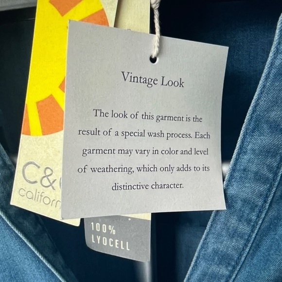 C&C California Blue Denim Tunic Shirt Dress Collared Roll Tab Sleeve Size Large - Picture 10 of 13